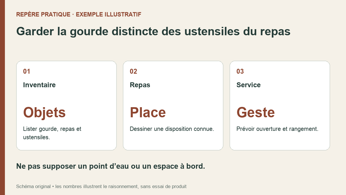 Organisation d’un repas en train : inventorier les objets, dessiner une place, prévoir la gourde séparément.